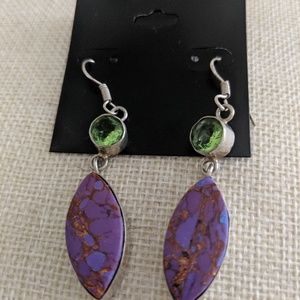 Earrings, purple Turquoise and Peridot, 2 in long